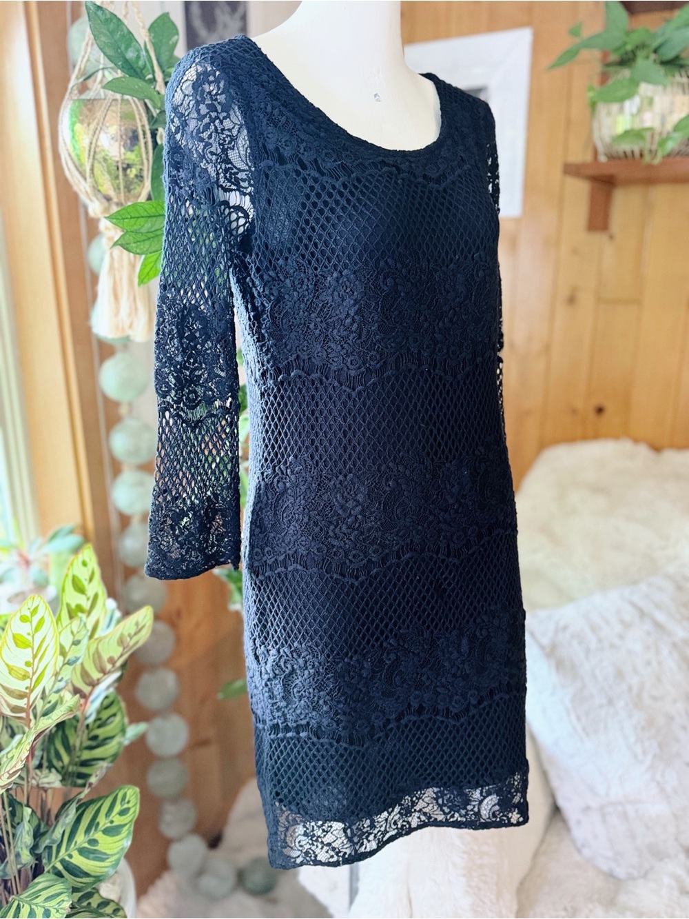 Ella Moss Black Lace Crochet Shift Dress Medium Boho Sheer Sleeve Lined